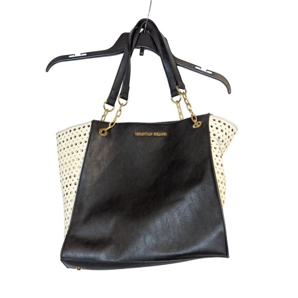 Christian Siriano Black & White Perforated Tote Bag With Gold Chain Accents - Picture 1 of 7